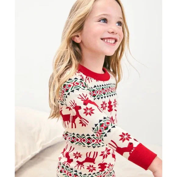Hanna Andersson Kids Dear Deer Fair Isle Pajama Top Red White Organic Cotton 8 - Picture 1 of 3